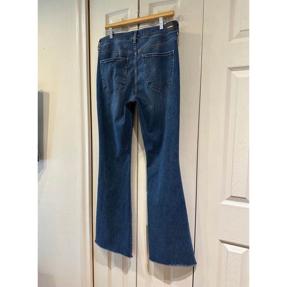 EXPRESS High Rise Flare Supersoft Ripped Knee Raw Hem Bell Bottom Stretch Jeans - Picture 9 of 11